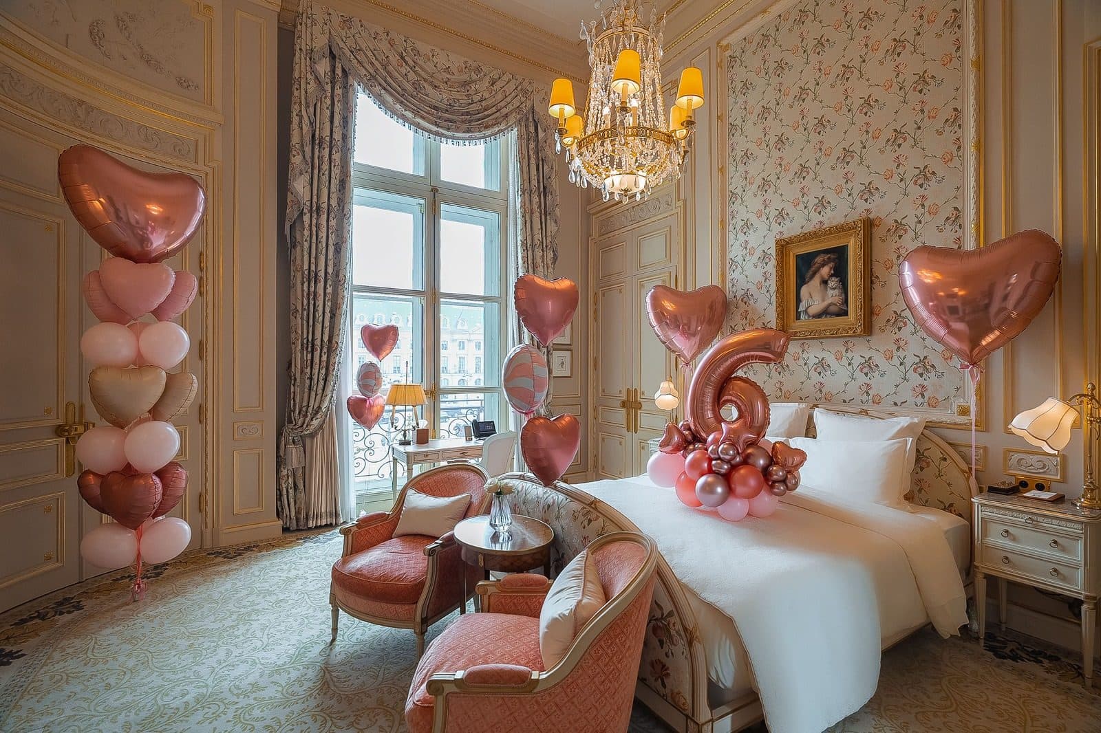 Suite anniversaire Hôtel Ritz Paris avec ballons cœur et colonne de ballons